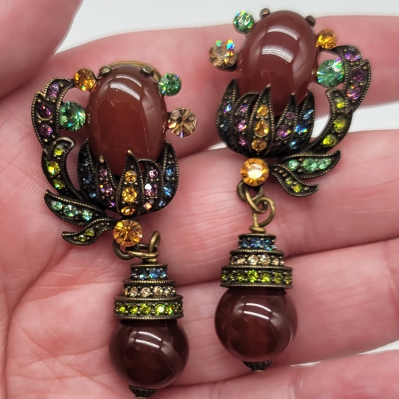 Heidi Daus Carnelian and Multicolor Swarovski Crystal Clip on Dangle Earrings - Picture 9 of 11